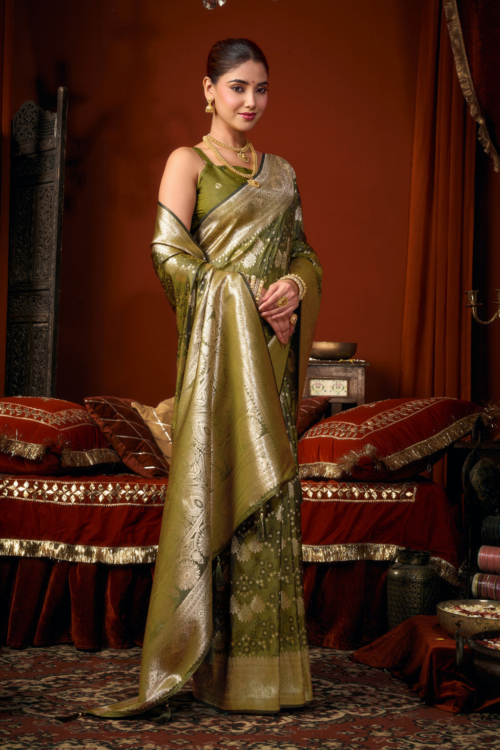 Royal Olive Green Banarasi Silk Saree