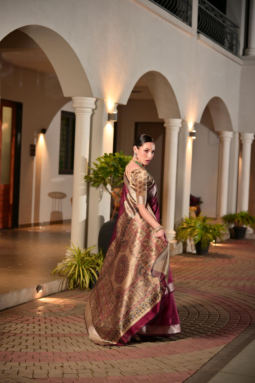 Madhubani Printed Khadi Raw Silk Saree – Wine & Antique Gold