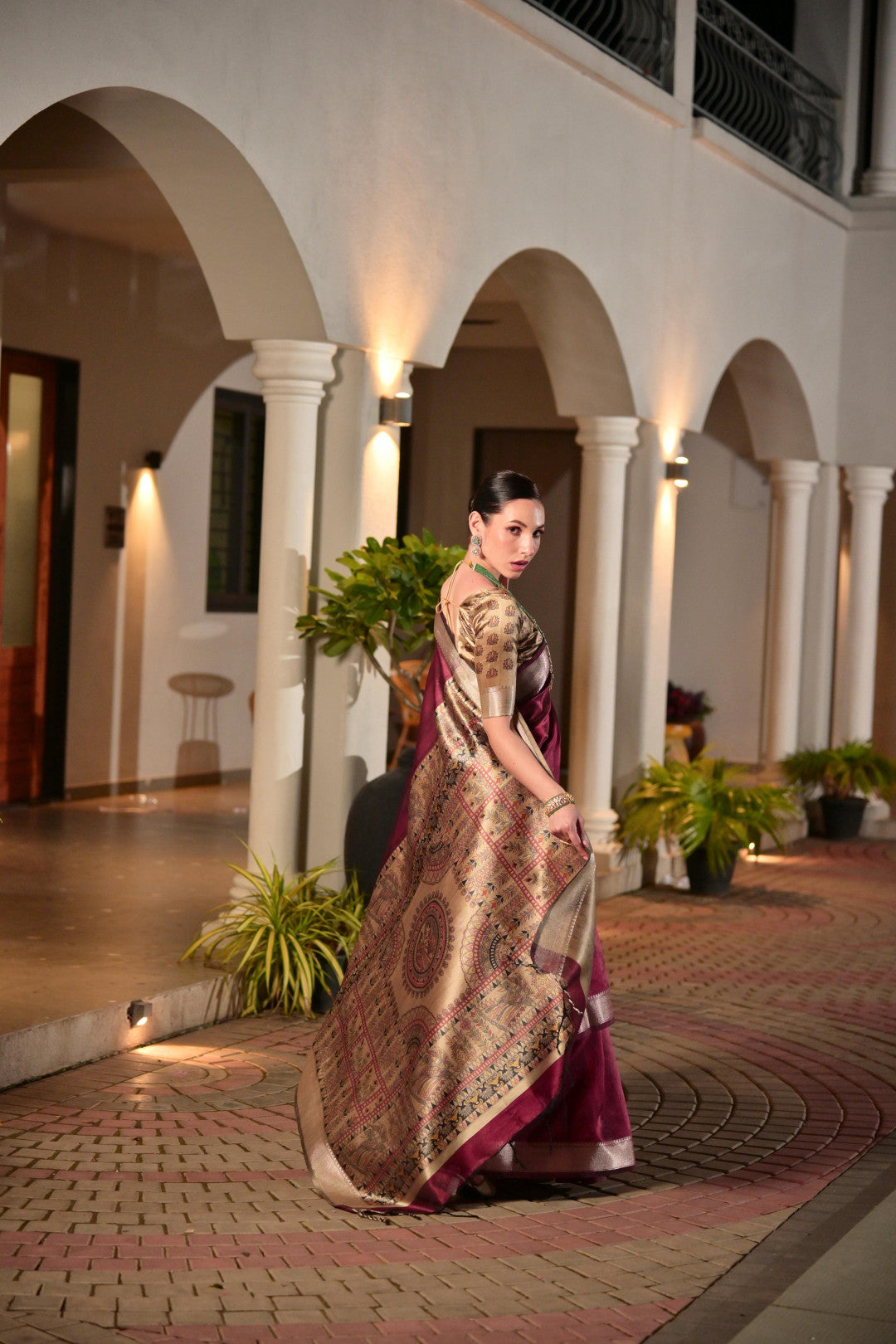 Madhubani Printed Khadi Raw Silk Saree – Wine & Antique Gold
