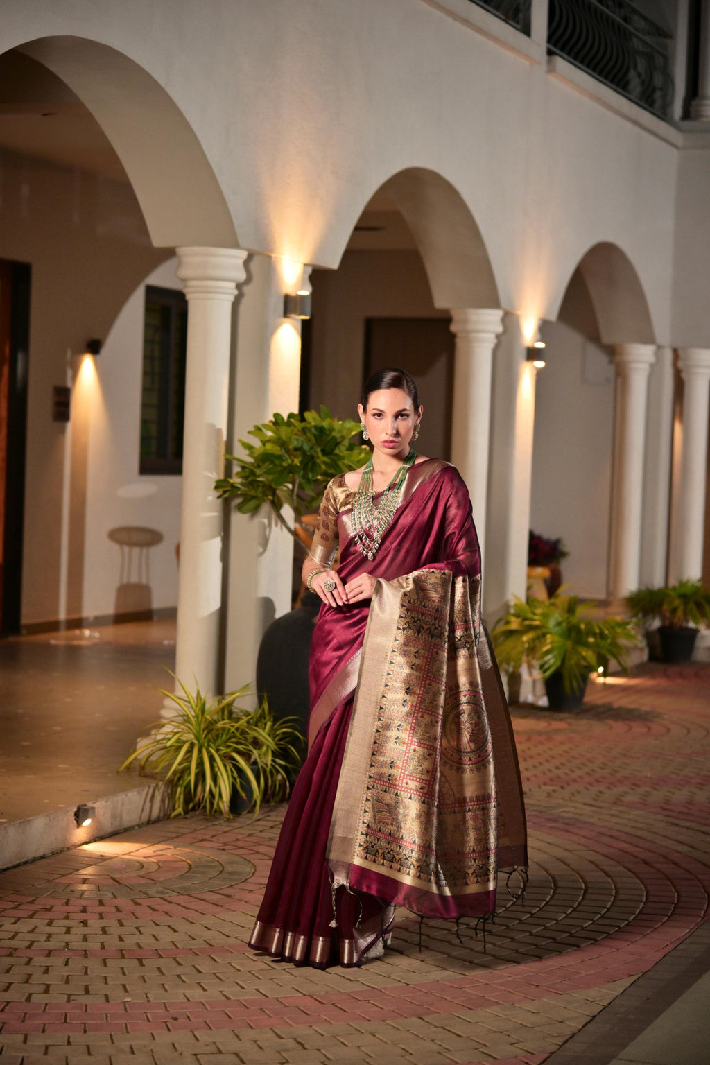 Madhubani Printed Khadi Raw Silk Saree – Wine & Antique Gold