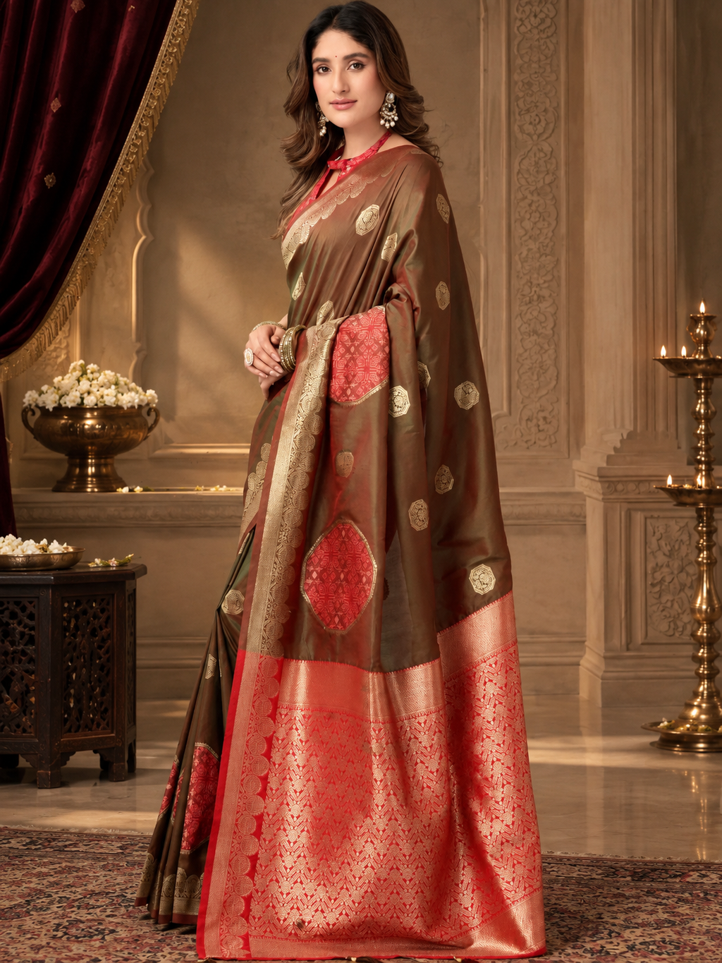Olive Green Soft Banarasi Silk Saree