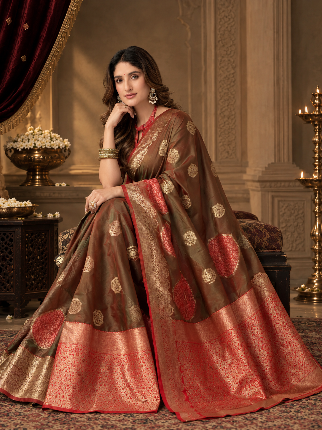 Olive Green Soft Banarasi Silk Saree