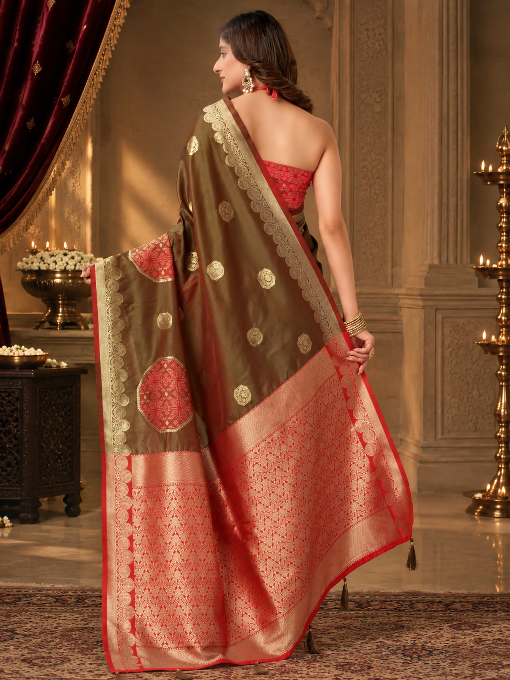 Olive Green Soft Banarasi Silk Saree