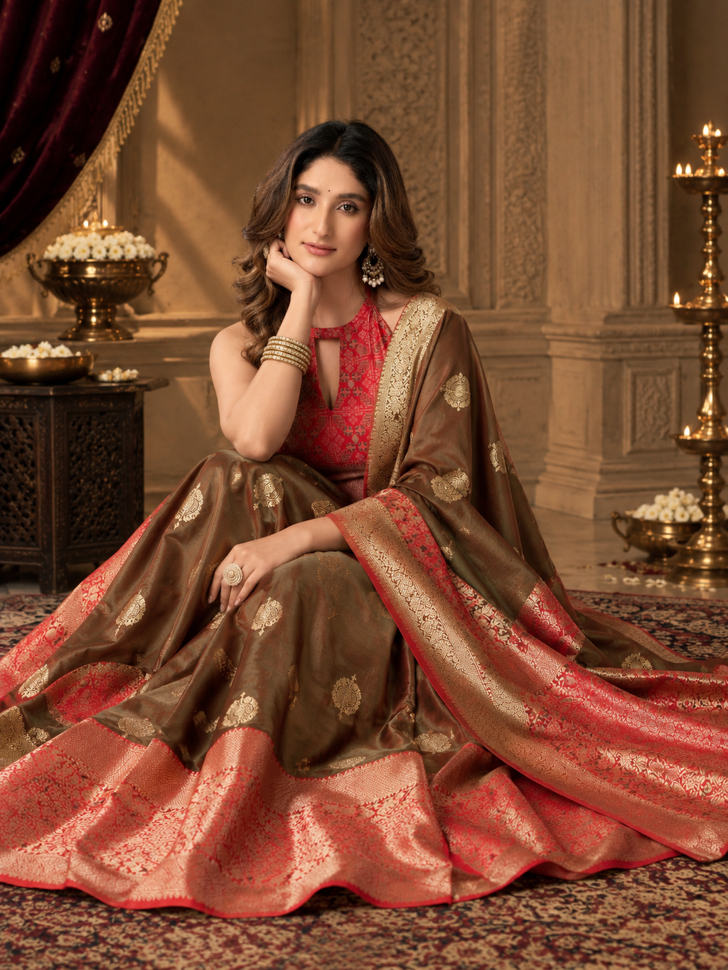 Olive Green Soft Banarasi Silk Saree