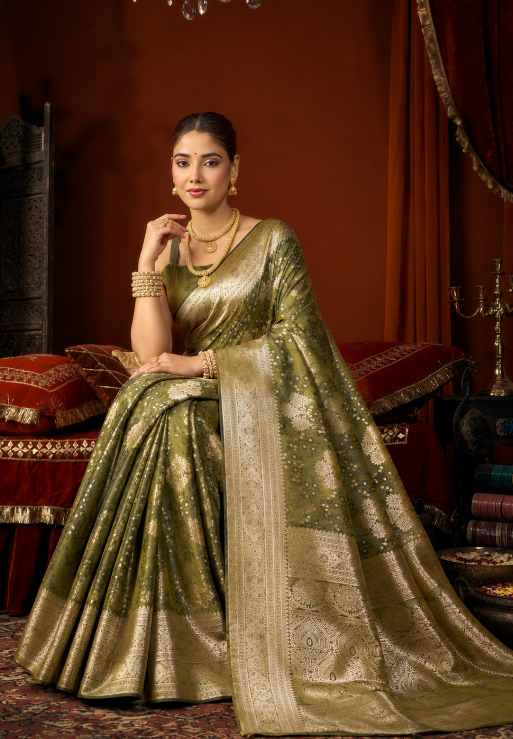 Royal Olive Green Banarasi Silk Saree