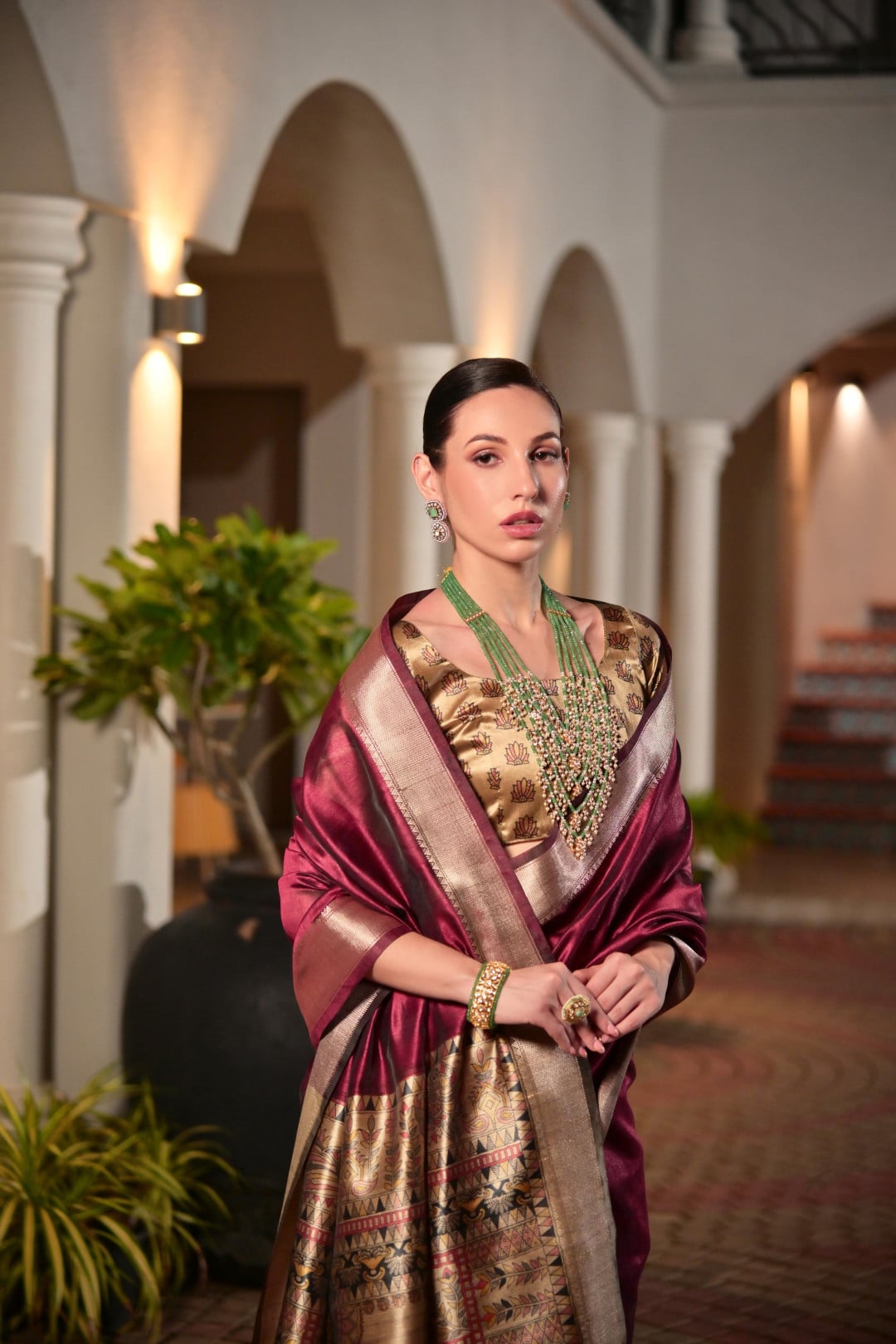 Madhubani Printed Khadi Raw Silk Saree – Wine & Antique Gold