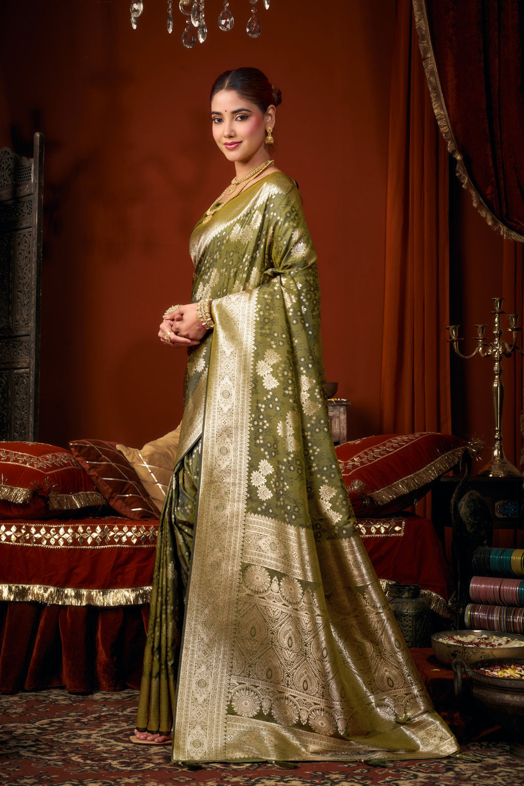 Royal Olive Green Banarasi Silk Saree