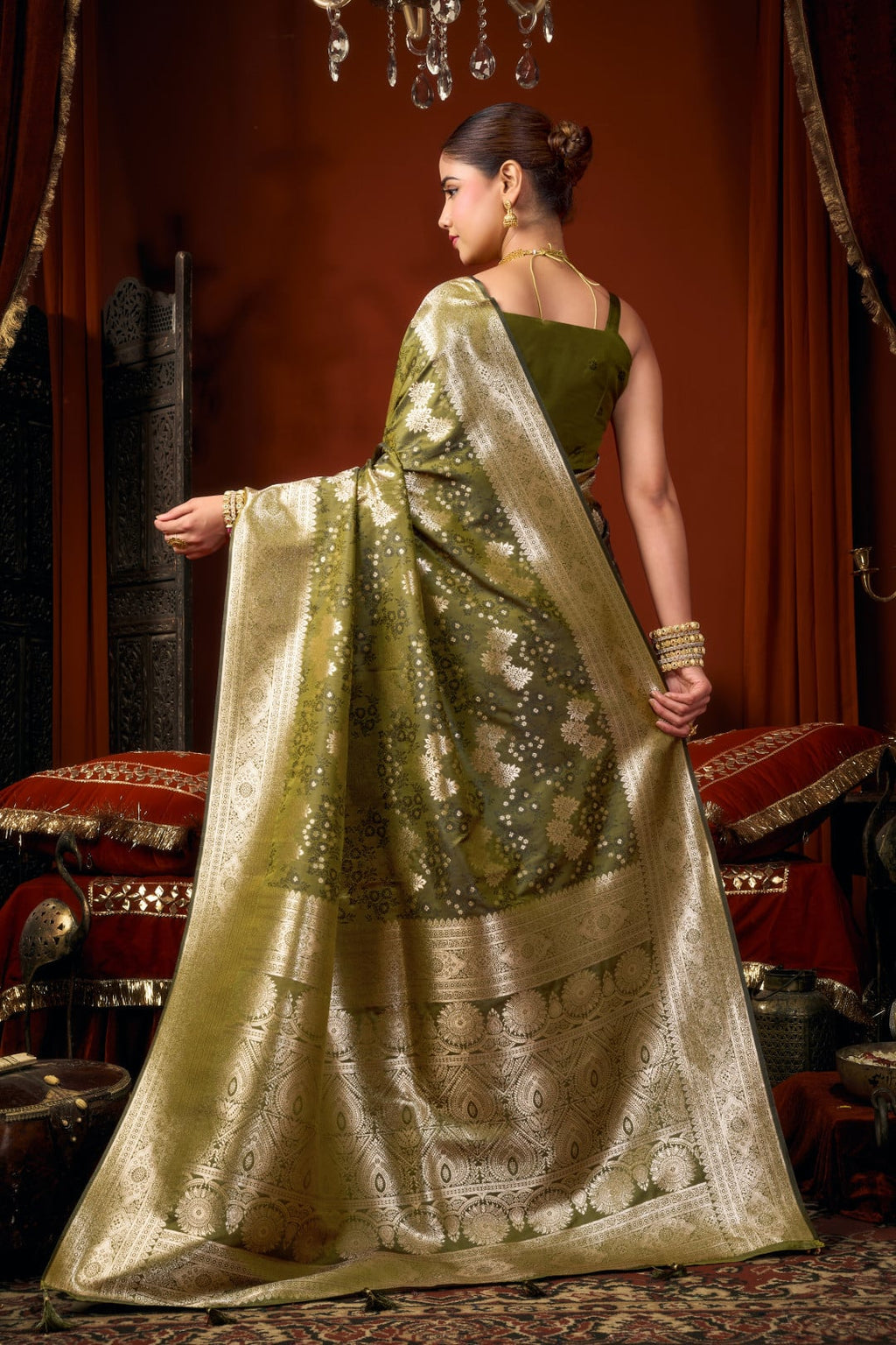 Royal Olive Green Banarasi Silk Saree