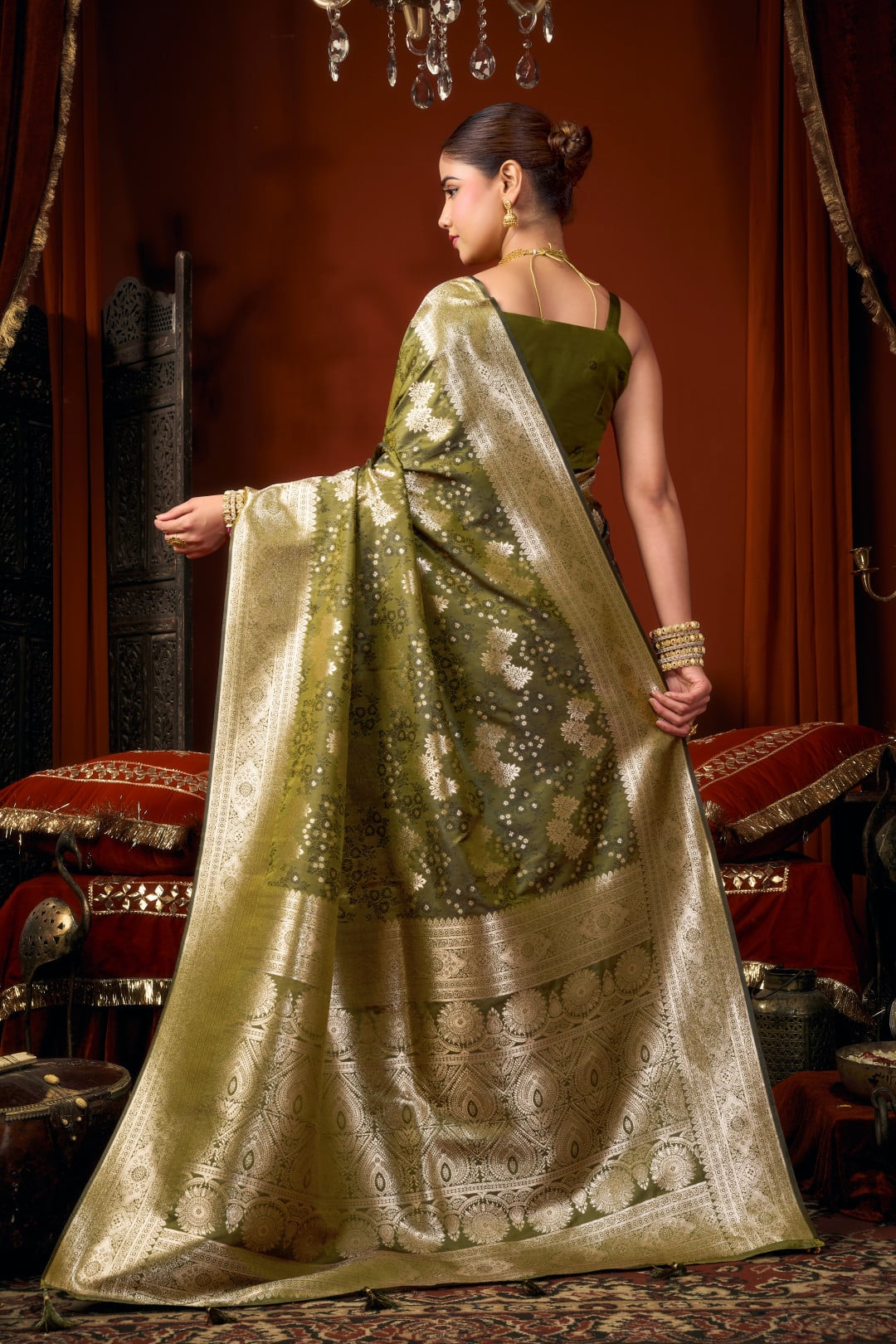 Royal Olive Green Banarasi Silk Saree